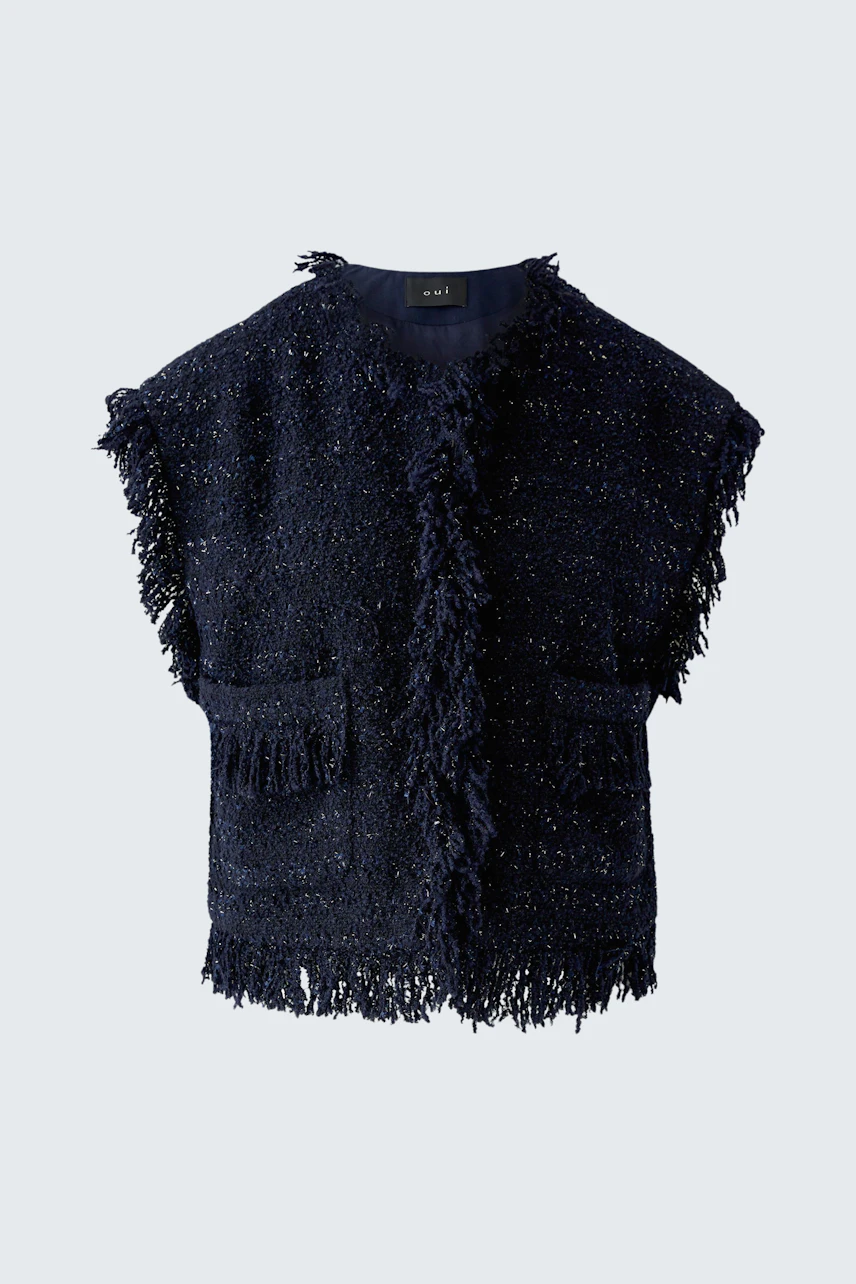 Textured women's vest: Dark blue, sleeveless with fringe details and front pockets.