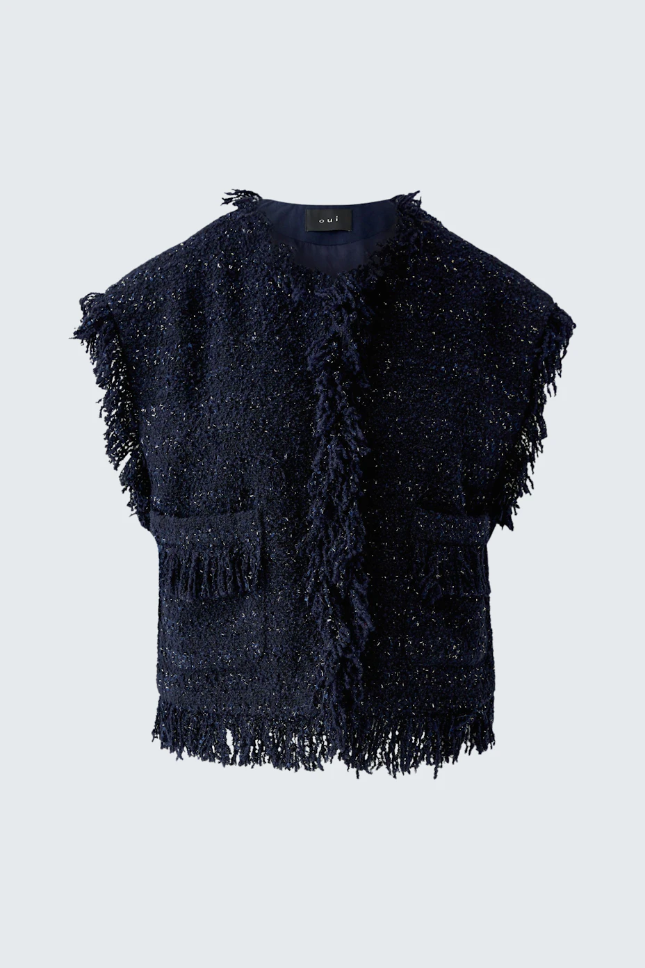 Textured women's vest: Dark blue, sleeveless with fringe details and front pockets.
