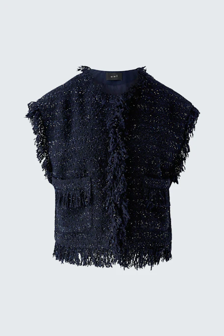 Textured women's vest: Dark blue, sleeveless with fringe details and front pockets.