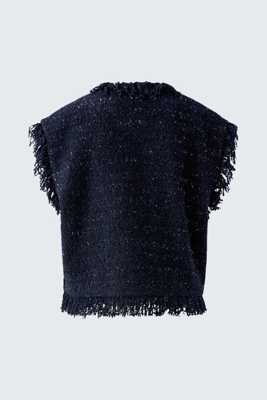Casual women's vest: Dark textured vest with frayed edges, perfect for layering.
