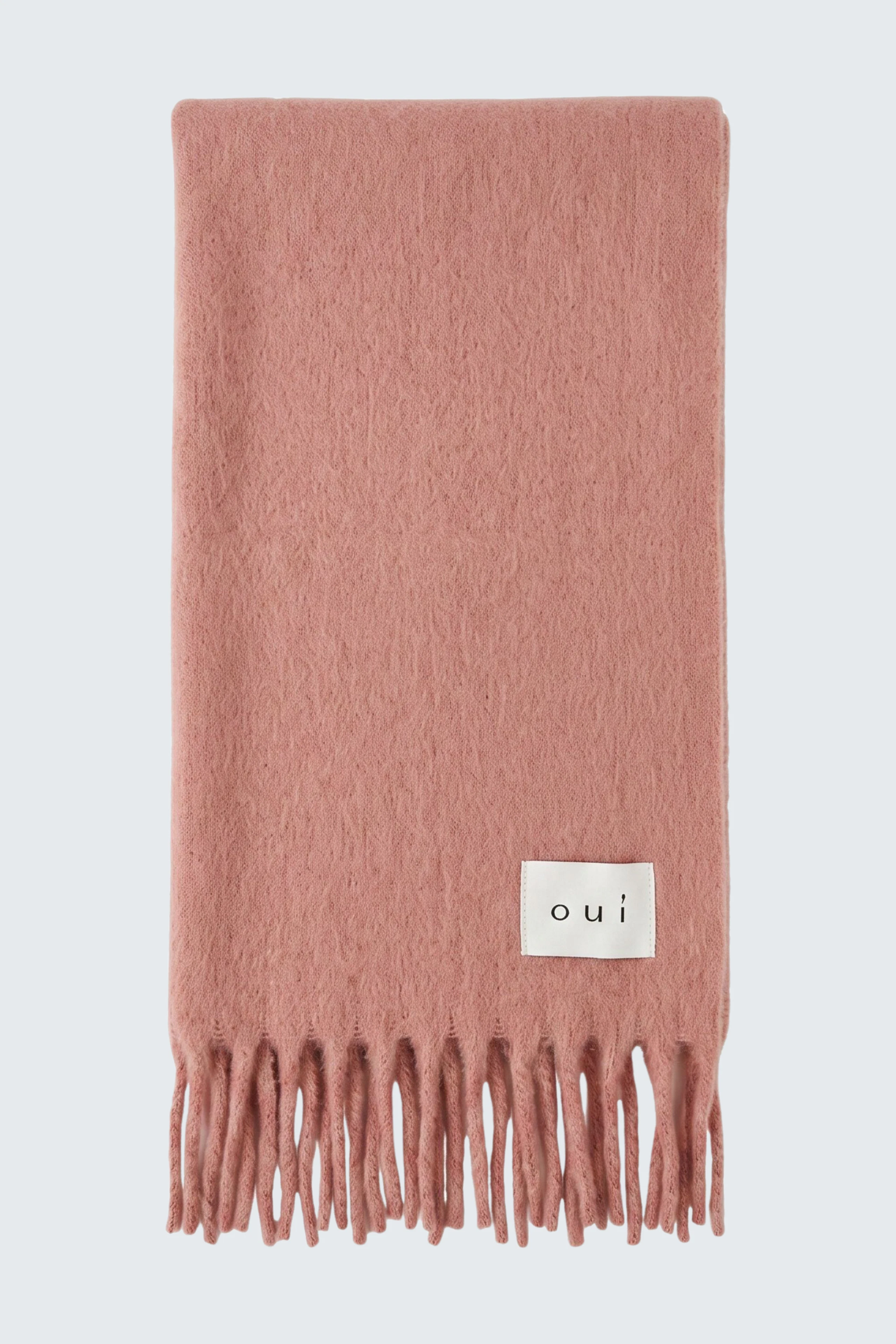 Weicher Damen-Schal in Rosa mit Fransen und Oui-Label, ideal für kühle Tage.