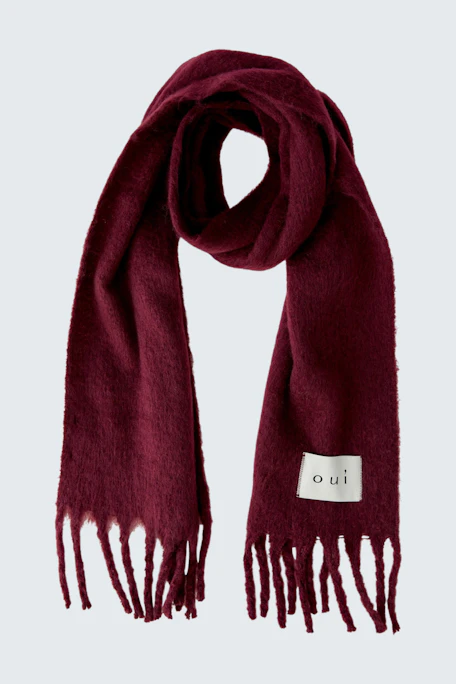 Weicher Damen-Schal in Bordeaux: Langer, kuscheliger Schal mit Fransen und Oui-Label, ideal für kalte Tage.