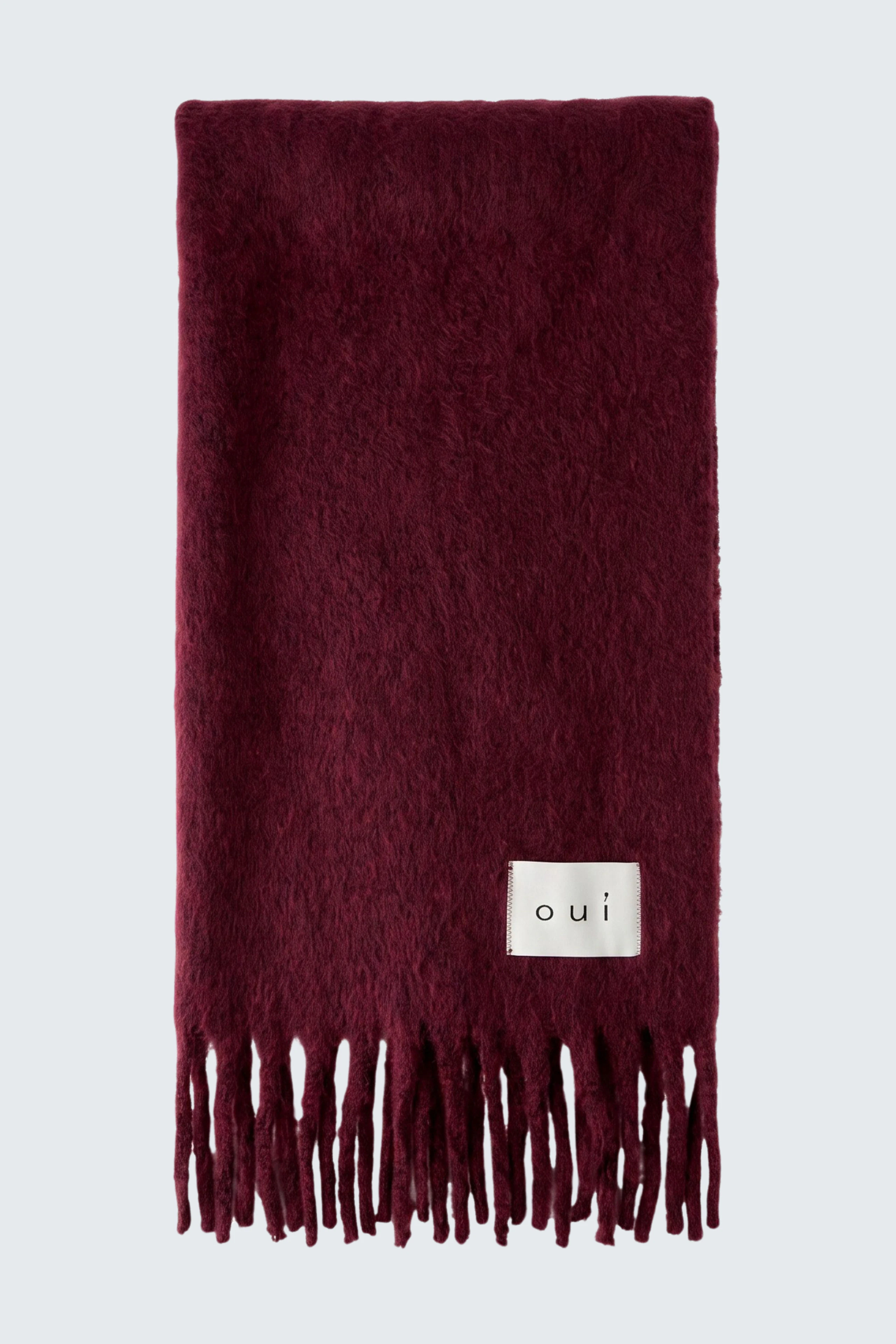Weicher Damen-Schal in Bordeaux: Flauschiger Schal mit Fransen und Oui-Logo, ideal für kühle Tage.