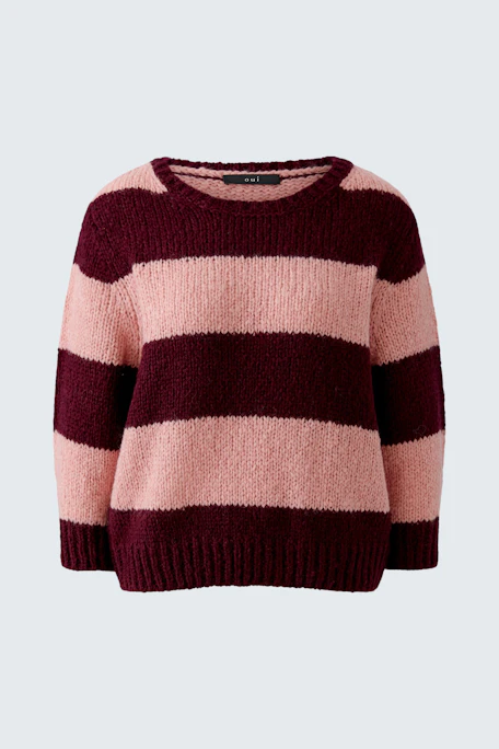 Gestreifter Damen-Pullover in Rosa und Bordeaux, weich und gemütlich, ohne Model abgebildet.