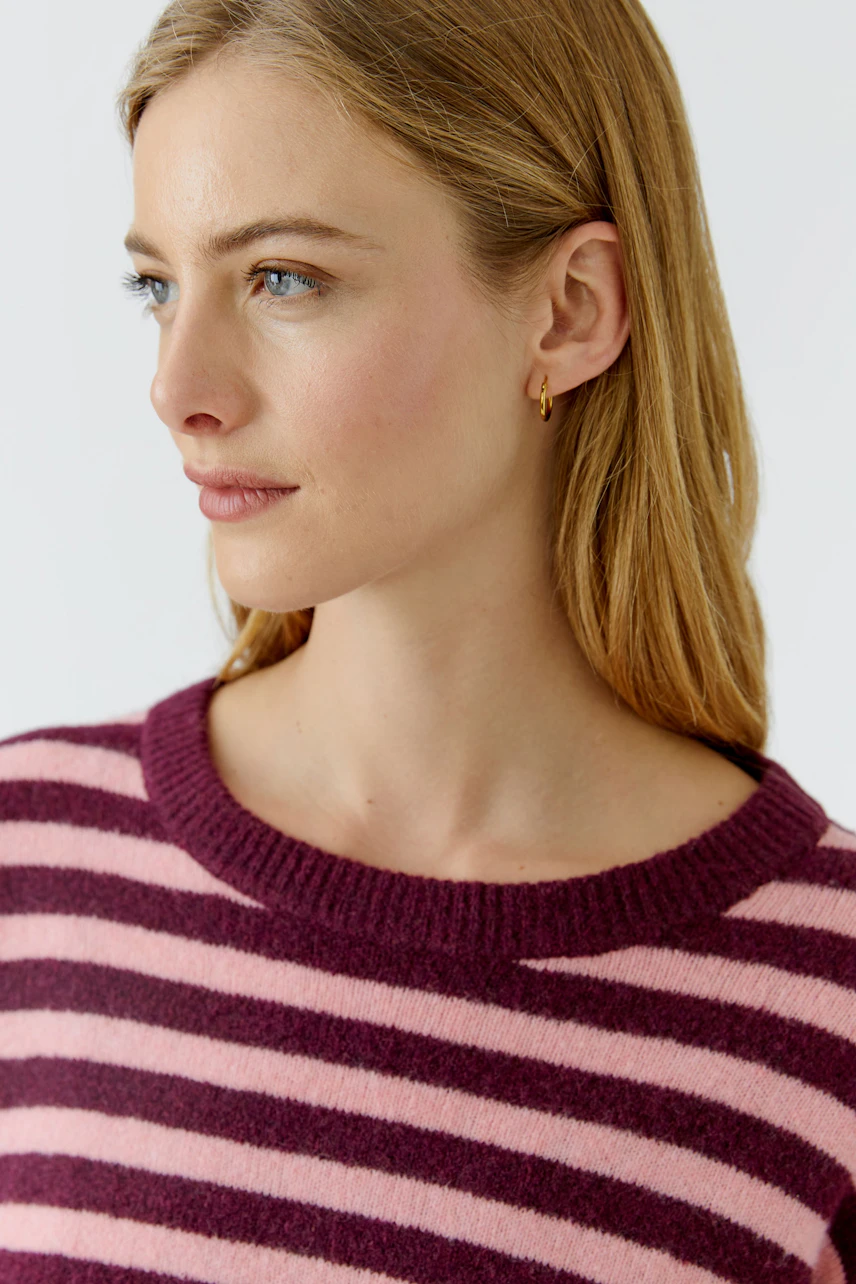 Gestreifter Damen-Pullover: Frau im pink-lila Pullover mit Rundhalsausschnitt, lässig und modern.