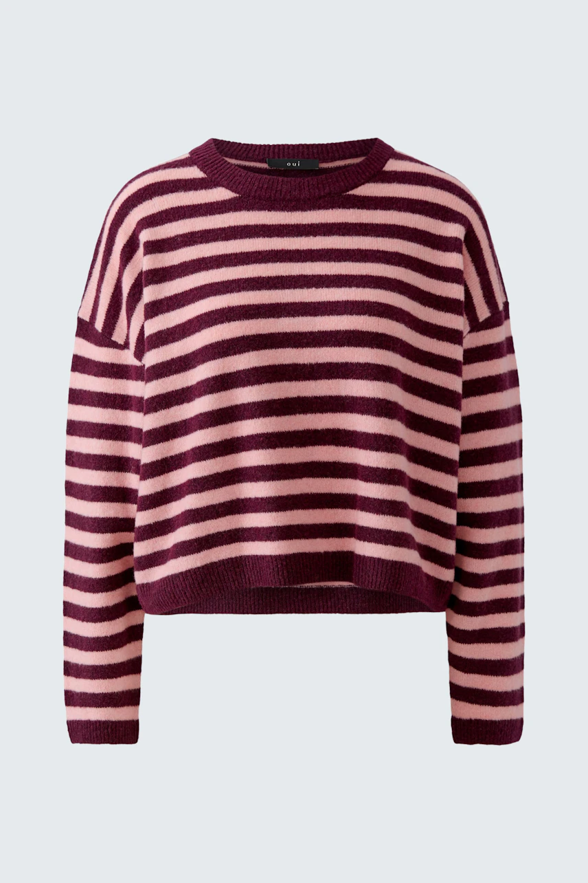 Gestreifter Damen-Pullover in Bordeaux und Rosa, lässiger Schnitt, ideal für einen entspannten Look.