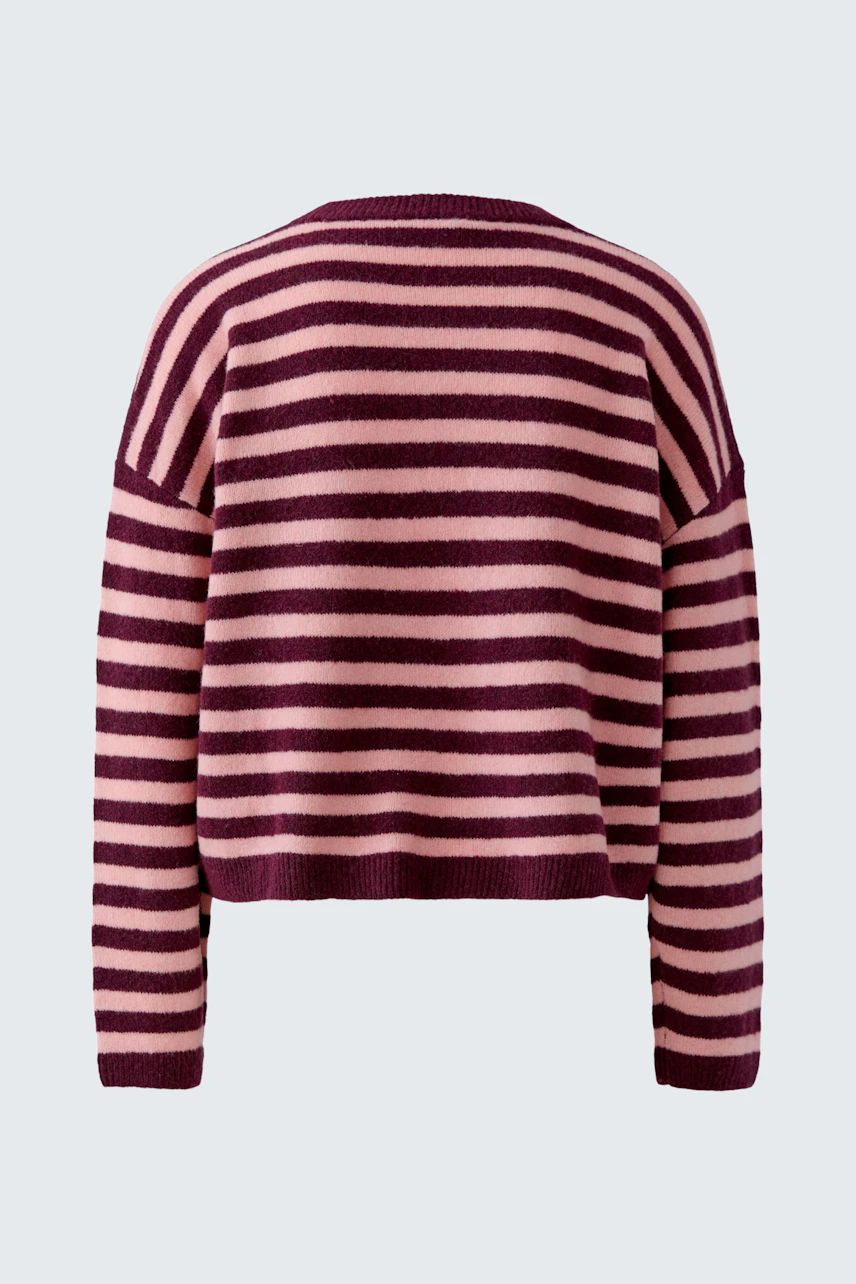Gestreifter Damen-Pullover in Rosa und Lila, ohne Model, zeigt Rückansicht des Designs.