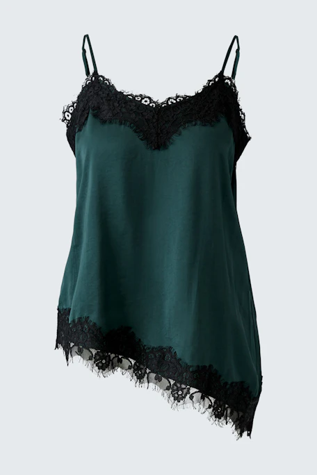 Green top with black lace trim, asymmetrical hem. No model, focus on the garment's stylish design.
