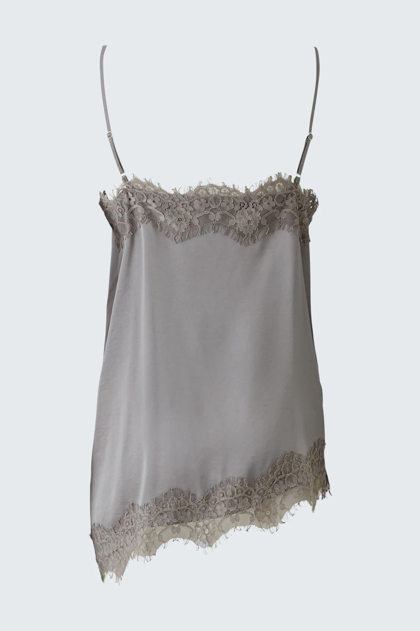 Damen-Top: Graues Top mit Spitzenbesatz an Saum und Ausschnitt, ohne Model präsentiert.