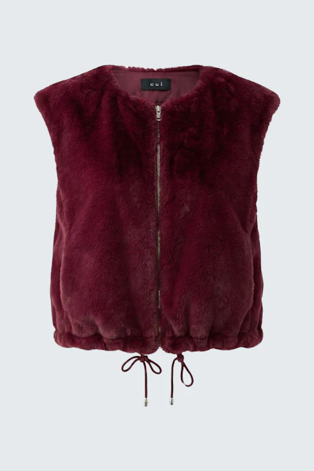 Plush burgundy vest with zip and drawstring hem, perfect for layering in cooler weather.