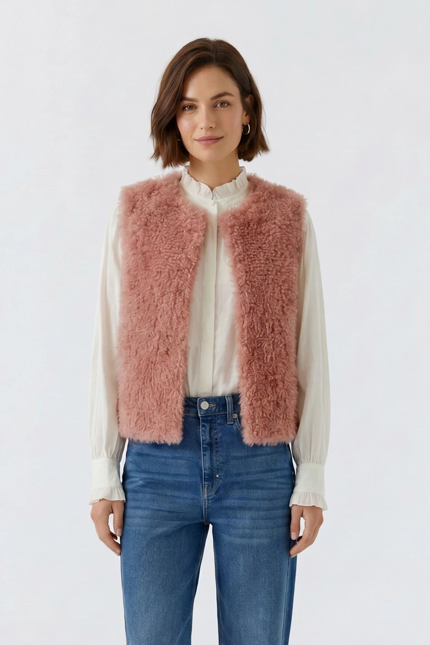 Frau in rosa Weste aus Kunstfell, kombiniert mit weißer Bluse und blauen Jeans, lächelt dezent.
