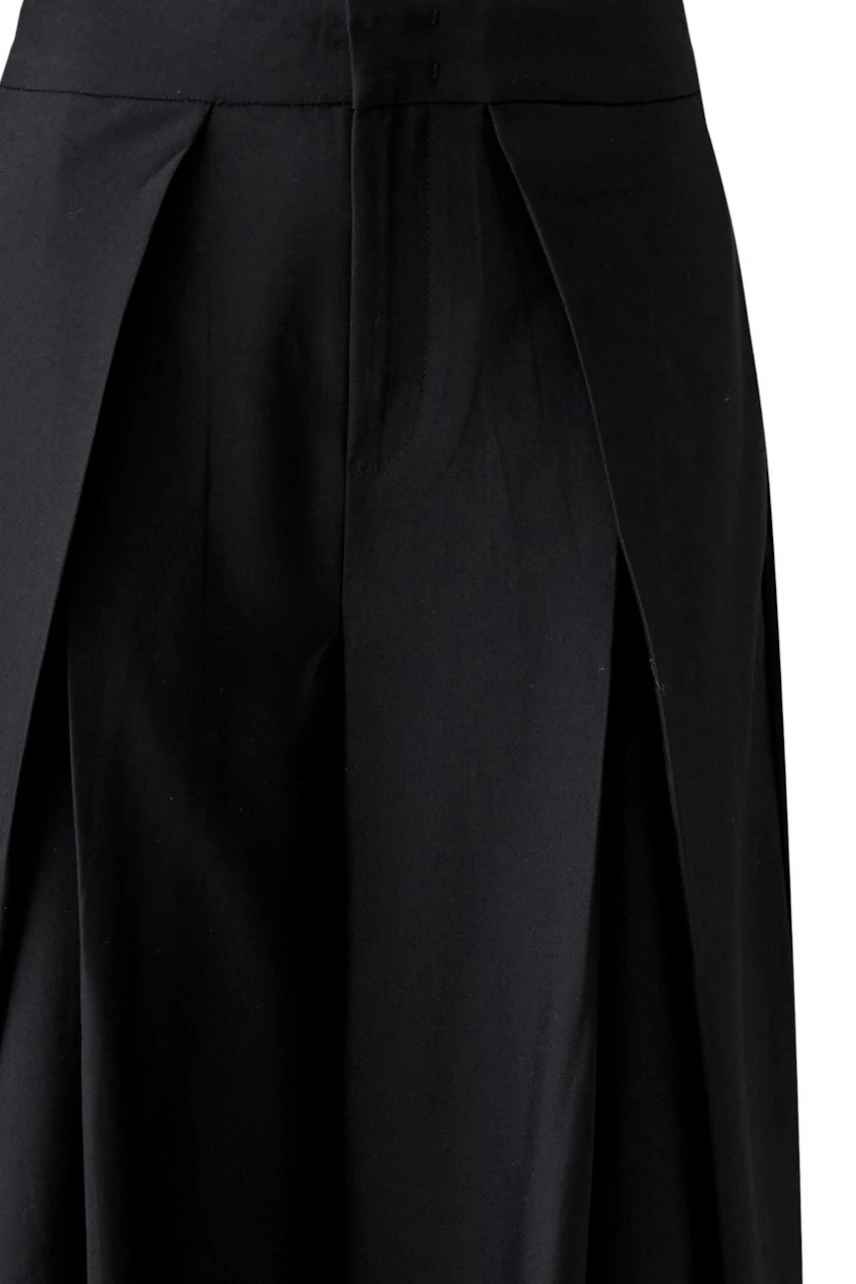 Black pleated trousers: Close-up of the fabric and pleats, showcasing the design and texture.