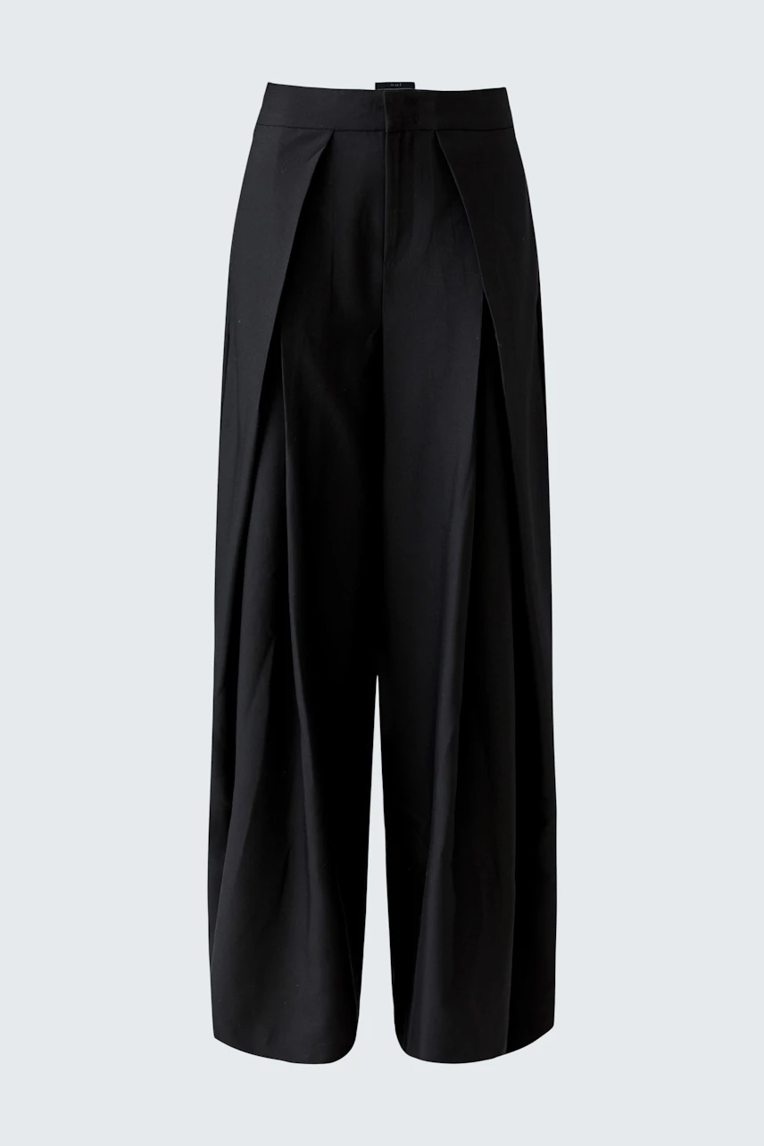 Black pleated trousers: Wide-leg design with a high waist, perfect for a chic and comfortable look.
