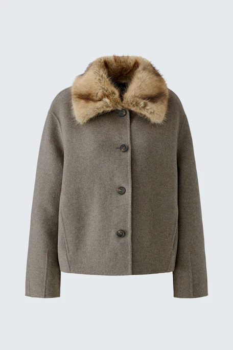 Damen-Jacke: Graue Jacke mit Kunstfellkragen, klassischer Schnitt, ideal für kühle Tage.