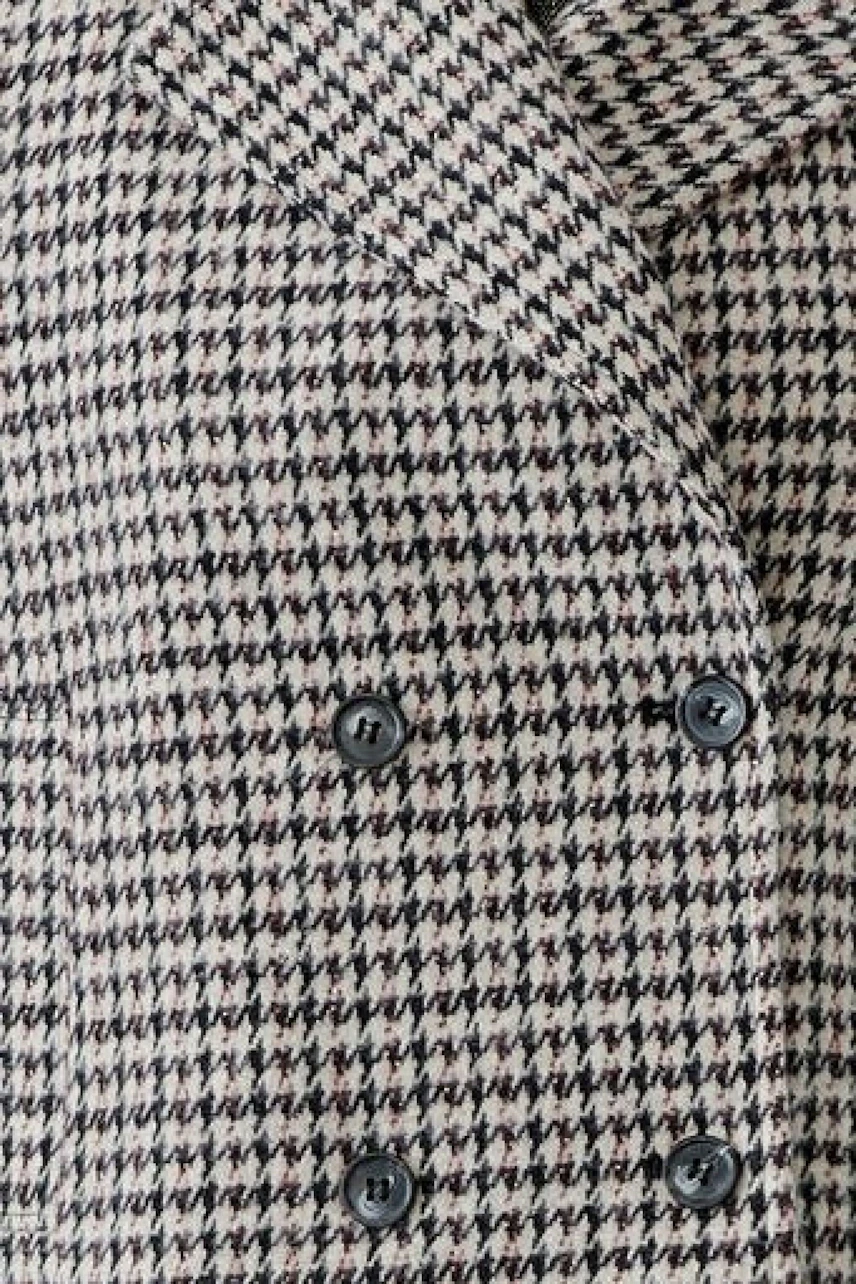 Houndstooth jacket: Close-up of a double-breasted pattern with black buttons, no model visible.
