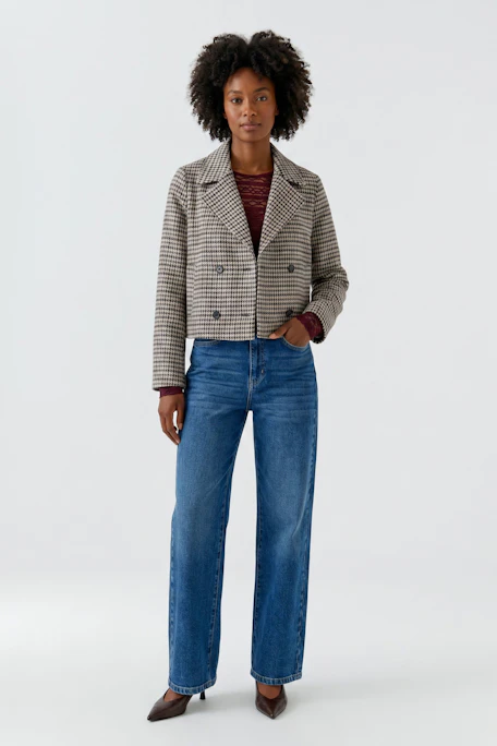 Klassische Damen-Jacke: Kurze, karierte Jacke mit doppelter Knopfleiste, ideal für einen stilvollen Look.