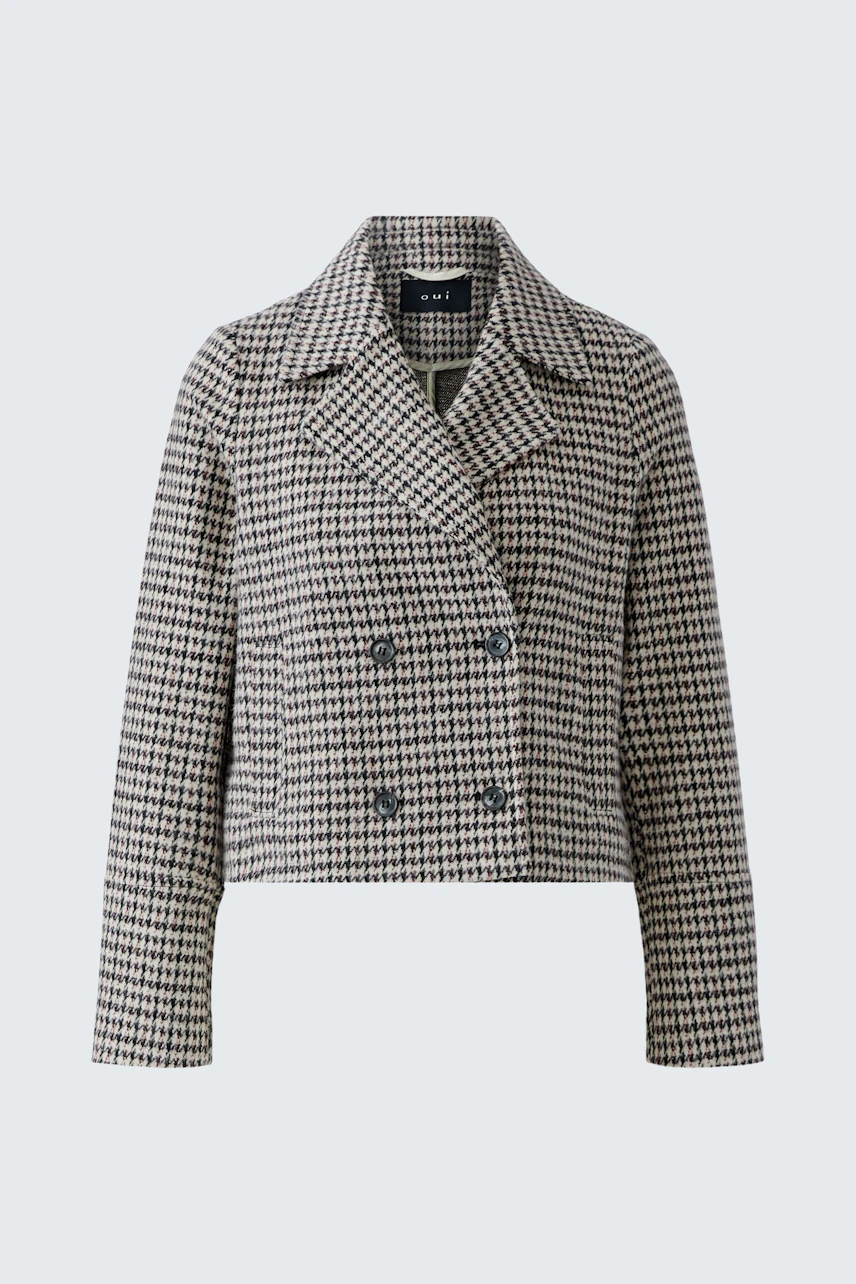 Women's jacket: Houndstooth pattern, double-breasted, cropped fit, no model shown.
