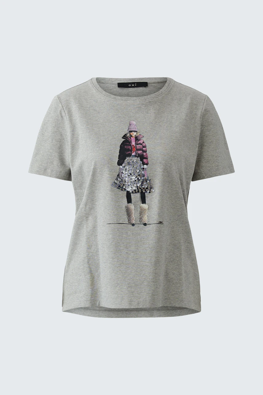 Casual women's T-shirt: Grey T-shirt with a stylish print of a woman in a colorful outfit.