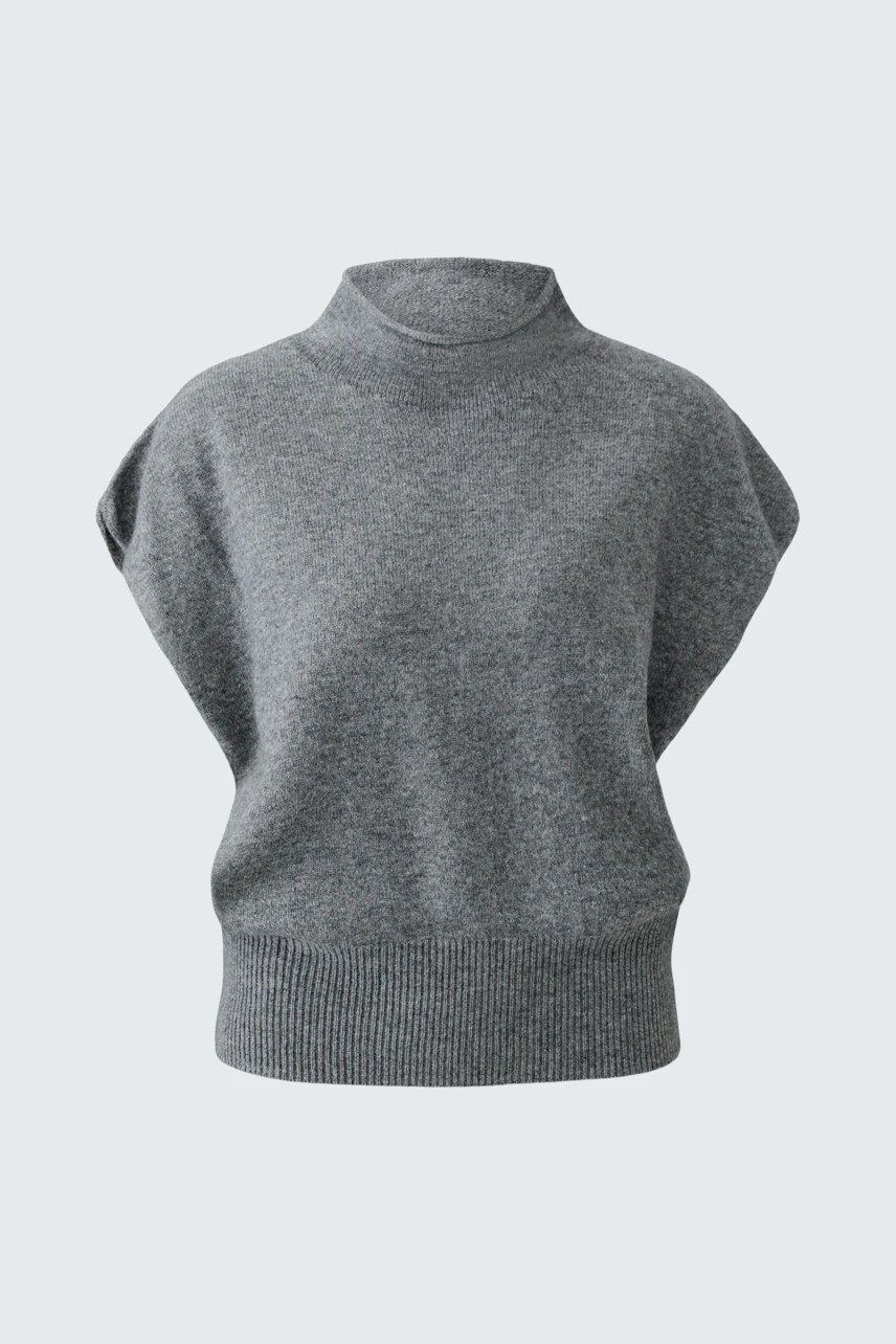 Grauer Damen-Pullunder: Schlichter, ärmelloser Strickpullunder mit hohem Kragen, ideal für Lagenlooks.