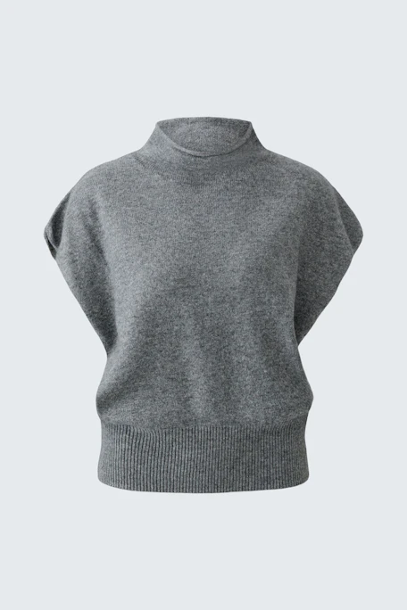 Grauer Damen-Pullunder: Schlichter, ärmelloser Strickpullunder mit hohem Kragen, ideal für Lagenlooks.