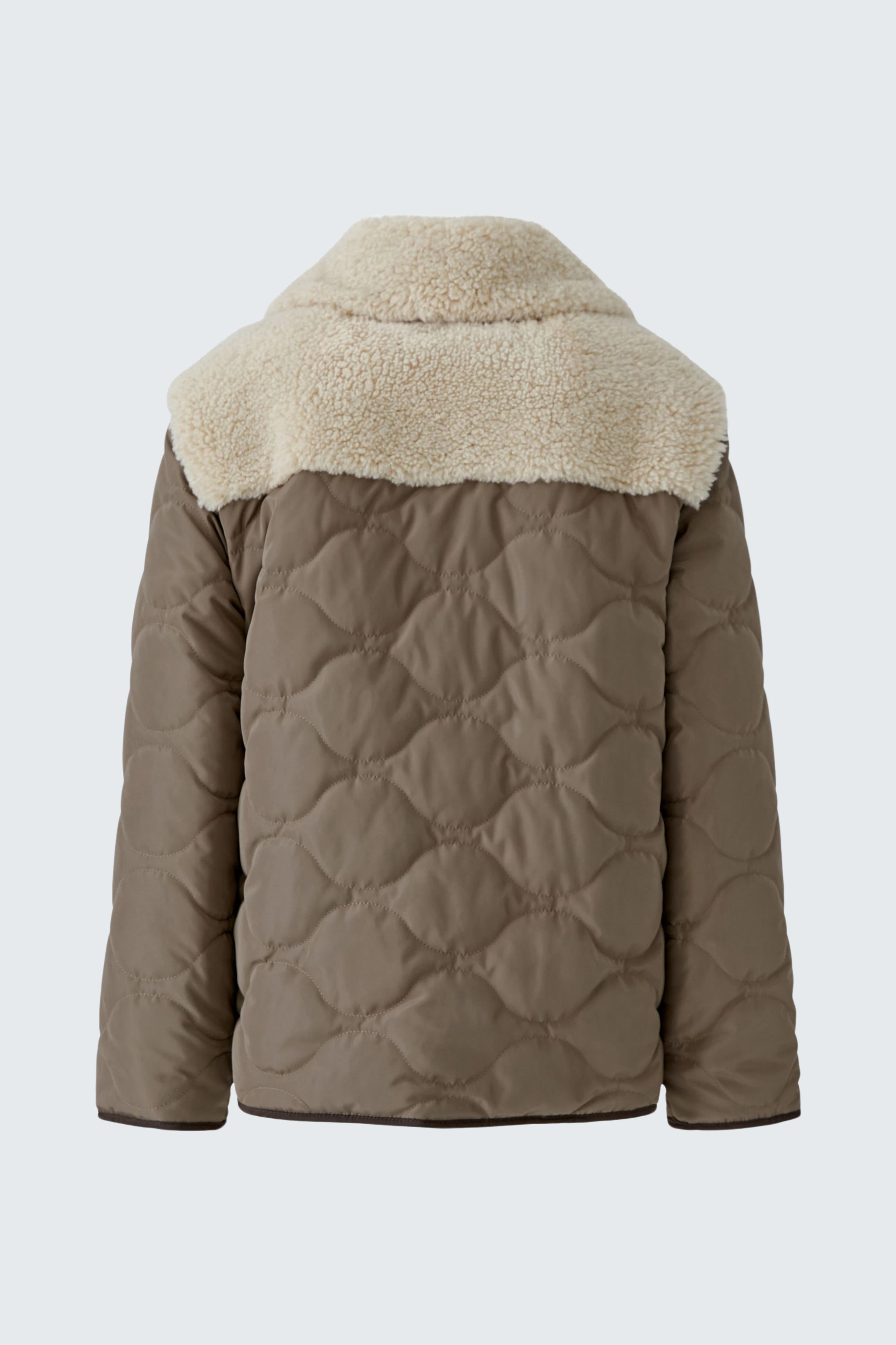 Quilted outdoor jacket with a cozy shearling collar, perfect for chilly days. No model, just the jacket.