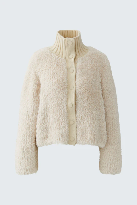 Cozy women's cardigan: Cream knit cardigan with a high collar and button front, perfect for layering.