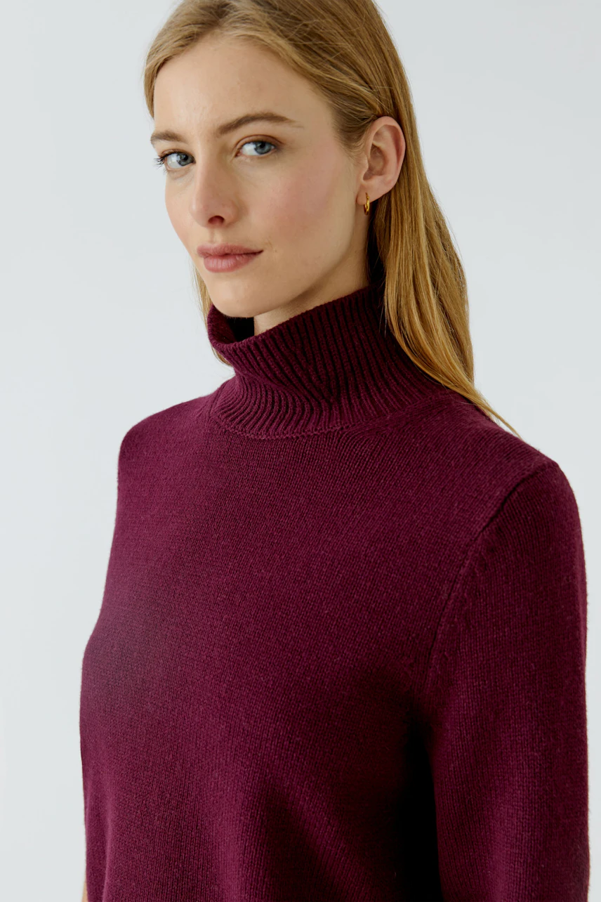 Frau im weinroten Pullover mit Rollkragen, schlichtes Design, lässiger Look.