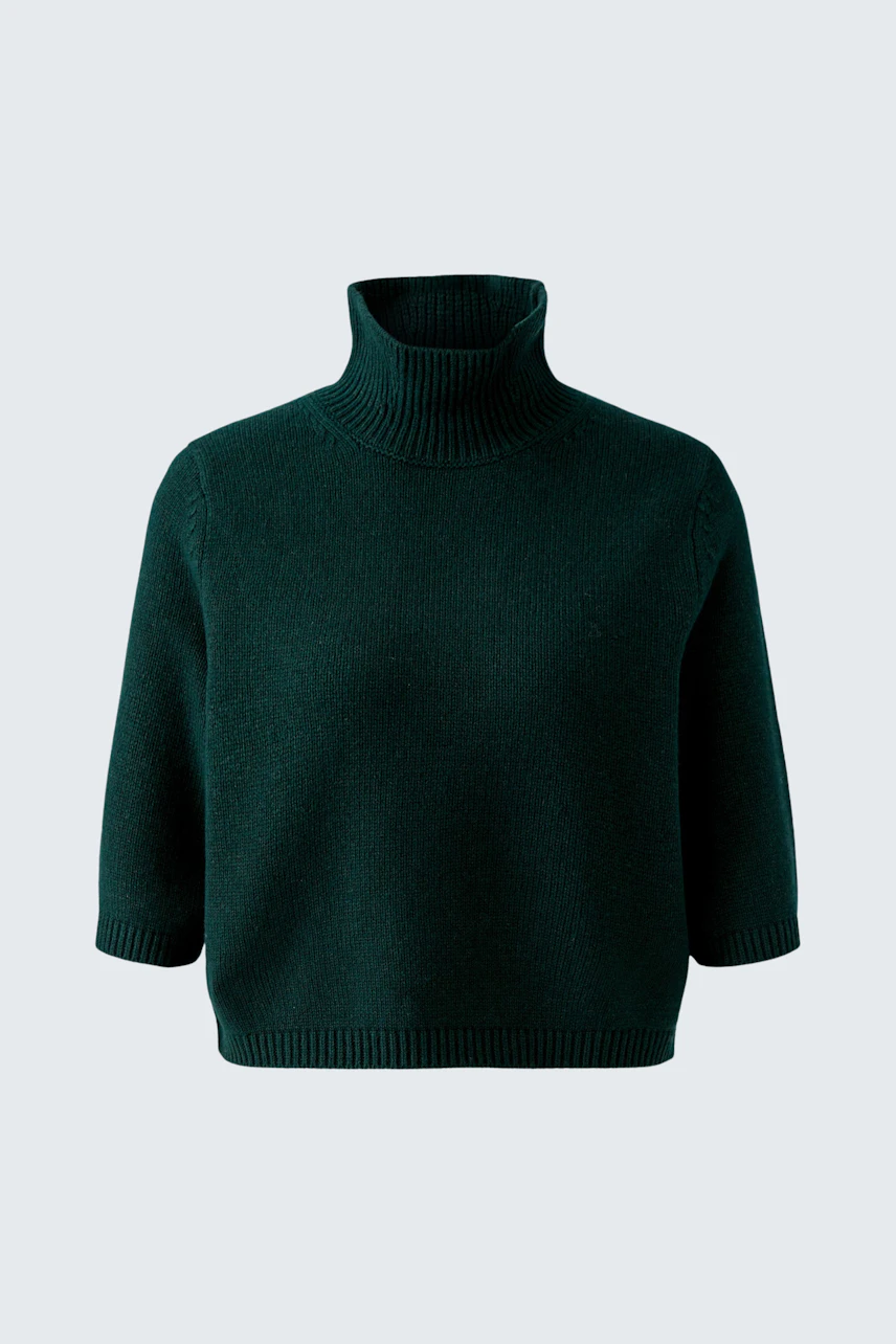 Dark green turtleneck pullover with 3/4 sleeves, perfect for a cozy and stylish look.
