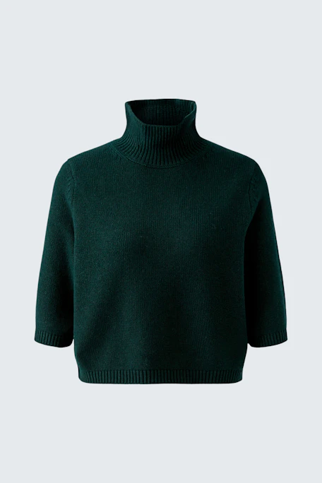 Dark green turtleneck pullover with 3/4 sleeves, perfect for a cozy and stylish look.