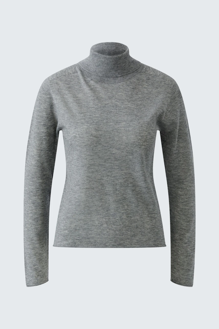 Simple grey pullover: A basic grey pullover with a high neck and long sleeves, perfect for layering.