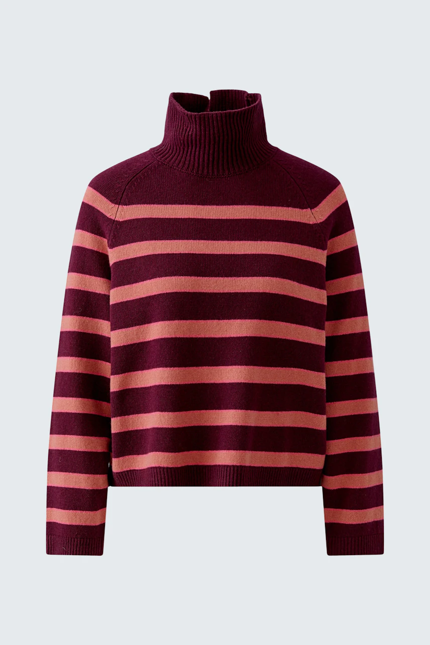 Gestreifter Damen-Pullover: Bordeaux und Rosa, Rollkragen, ohne Model, schlicht und modern.