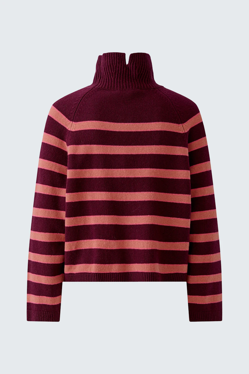 Gestreifter Damen-Pullover: Bordeauxroter Rollkragenpullover mit rosa Streifen, ohne Model abgebildet.