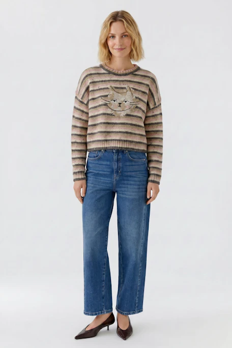 Gestreifter Damen-Pullover mit Katzenmotiv, ideal für einen lässigen Look.
