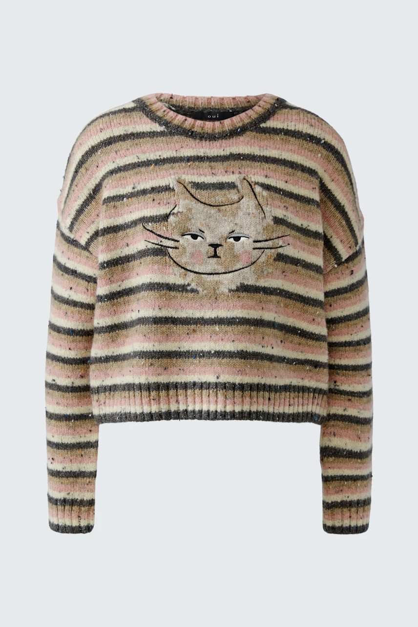 Gestreifter Damen-Pullover mit Katzenmotiv, ideal für einen lässigen Look.