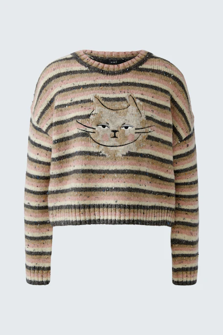 Gestreifter Damen-Pullover mit Katzenmotiv, ideal für einen lässigen Look.