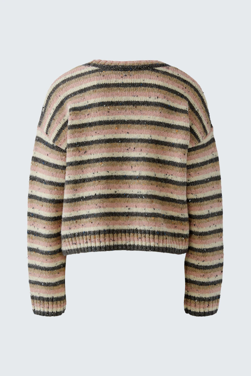 Gestreifter Damen-Pullover: Rückansicht eines beigen Pullovers mit grünen und rosa Streifen.