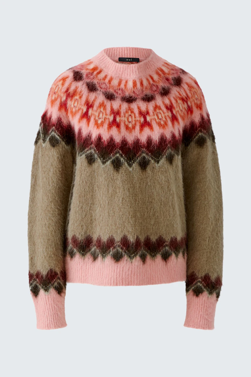 Flauschiger Damen-Pullover: Bunter Strickpullover mit Norwegermuster in Rosa, Rot und Braun.