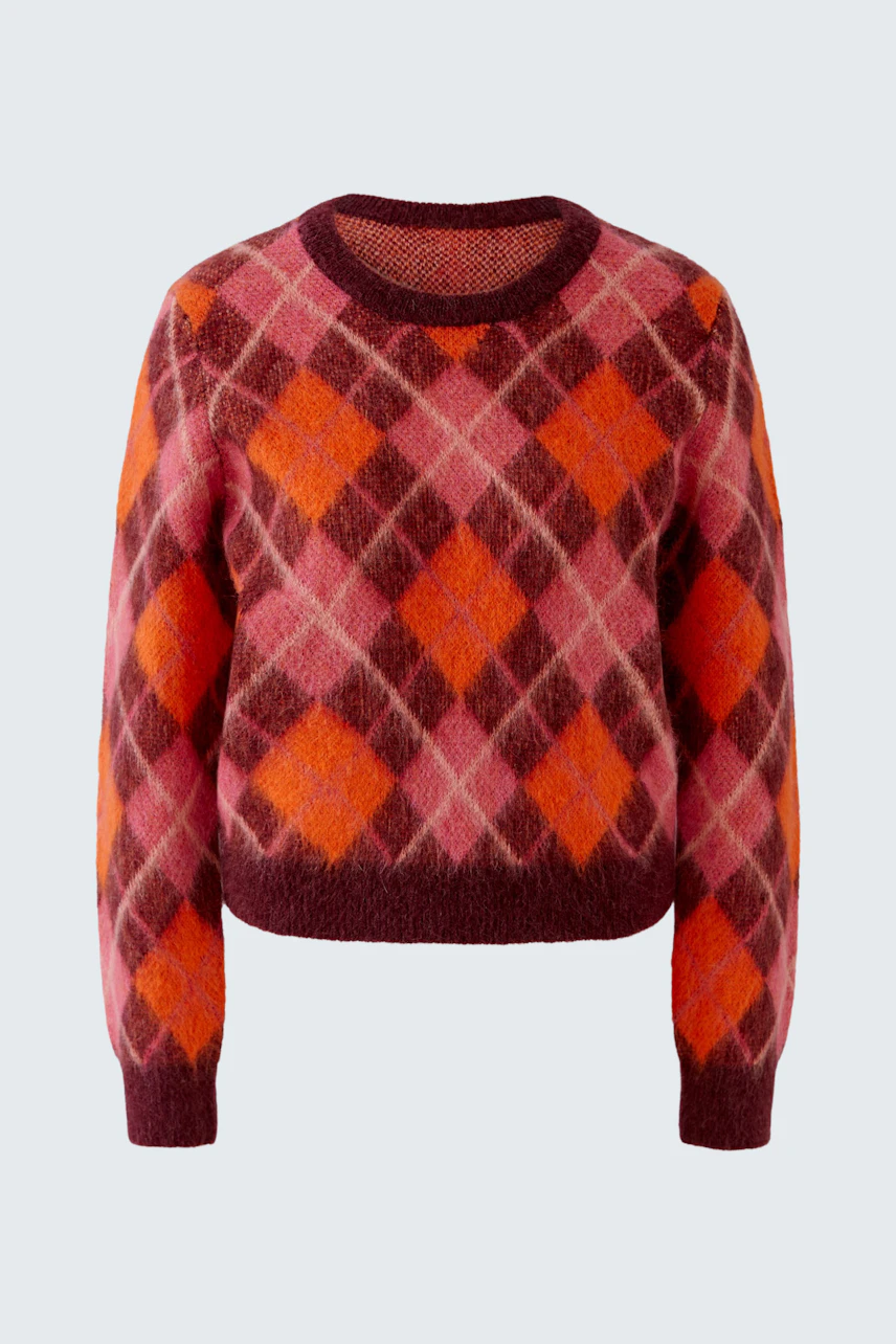 Kariertes Damen-Pullover: Bunter Strickpullover in Rot- und Orangetönen, ideal für einen lebendigen Look.