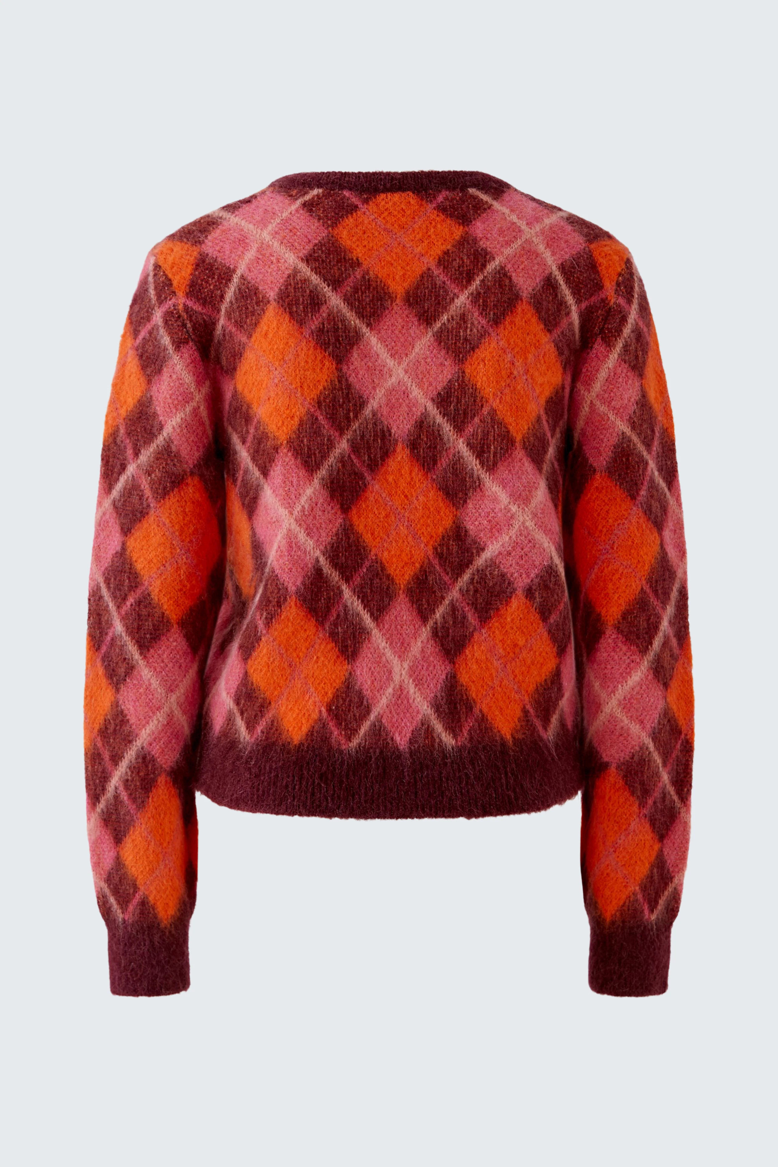 Colorful women's pullover with bold check pattern in red and orange hues, perfect for a vibrant look.