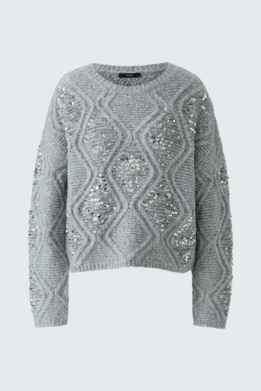 Grauer Damen-Pullover: Strickpullover mit glänzenden Details und geometrischem Muster.