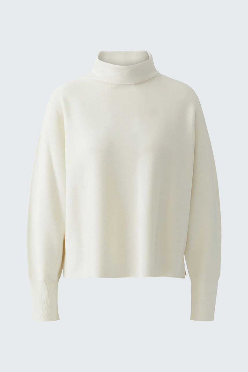 Schlichter Damen-Pullover: Weißer Pullover mit Rollkragen, locker geschnitten, ohne Model abgebildet.