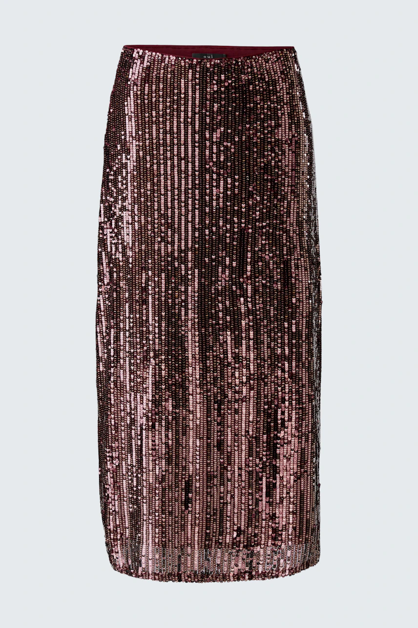 Shimmering pencil skirt in pink sequins, perfect for adding sparkle to any outfit.