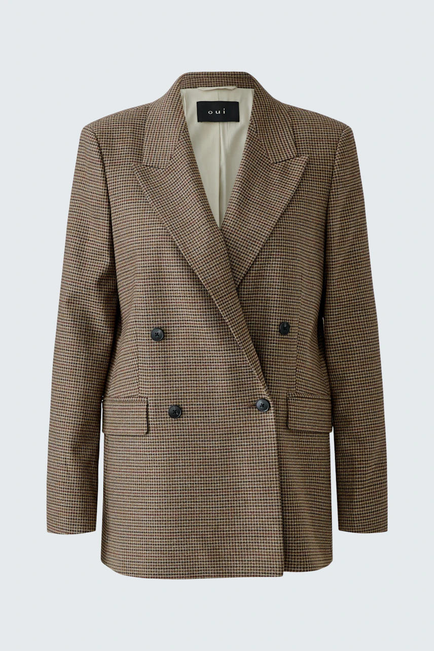 Classic women's blazer: Brown checkered double-breasted blazer with wide lapels, no model shown.