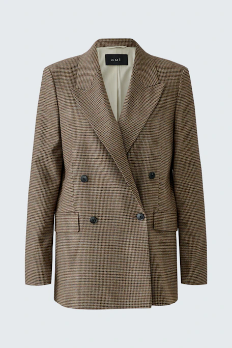 Classic women's blazer: Brown checkered double-breasted blazer with wide lapels, no model shown.