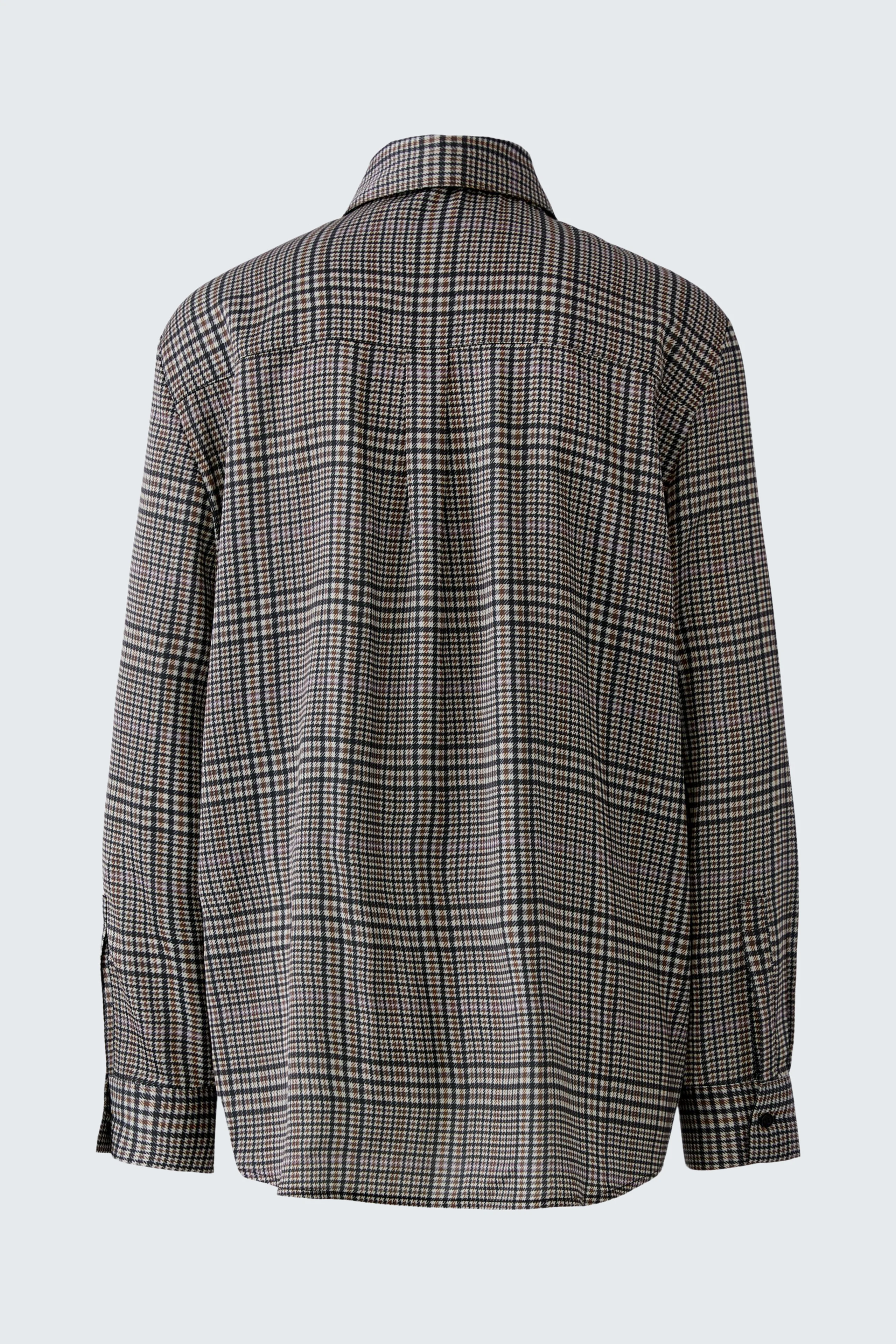 Plaid pussy-bow blouse: Back view of a checkered blouse with a classic collar and long sleeves.