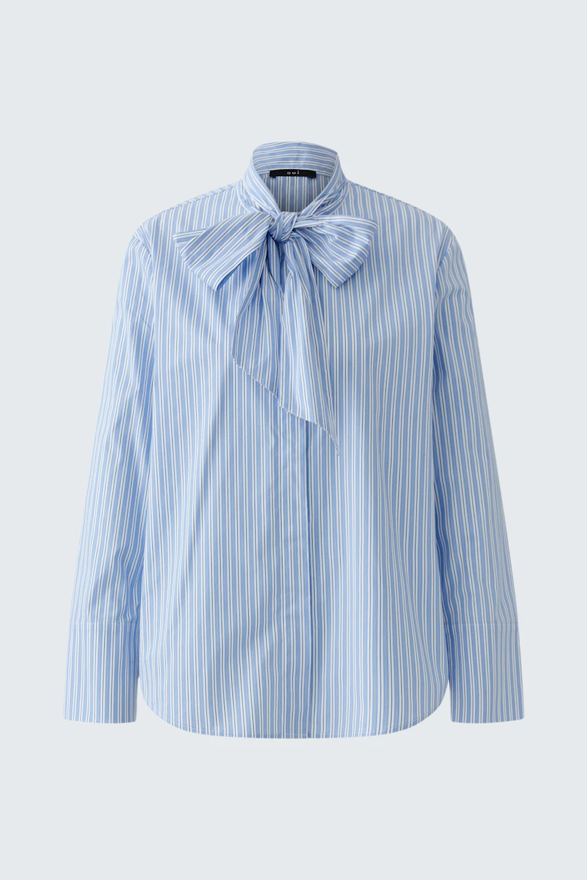 Striped pussy-bow blouse: Blue and white striped blouse with a large bow tie, no model shown.