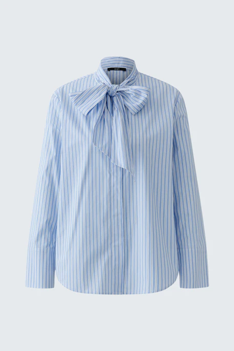 Striped pussy-bow blouse: Blue and white striped blouse with a large bow tie, no model shown.