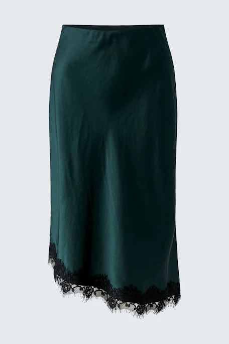 Dark green pencil skirt with lace hem, no model shown.