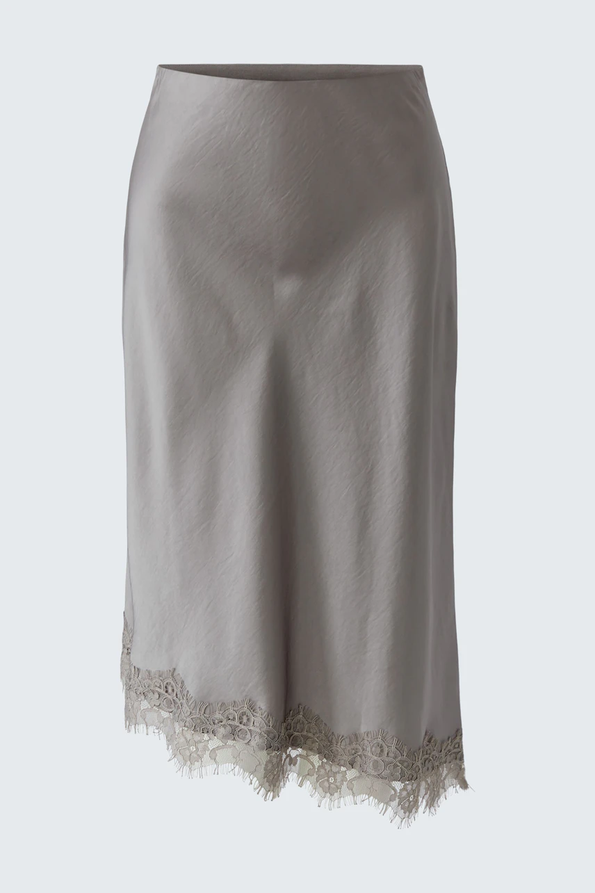 Grey pencil skirt with lace hem, perfect for versatile styling. No model, just the skirt.