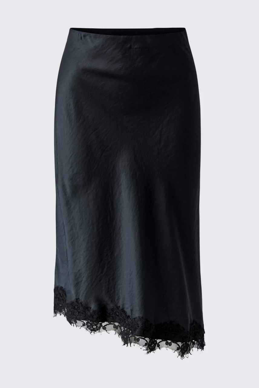 Black pencil skirt with lace hem, perfect for versatile styling. No model, just the skirt.